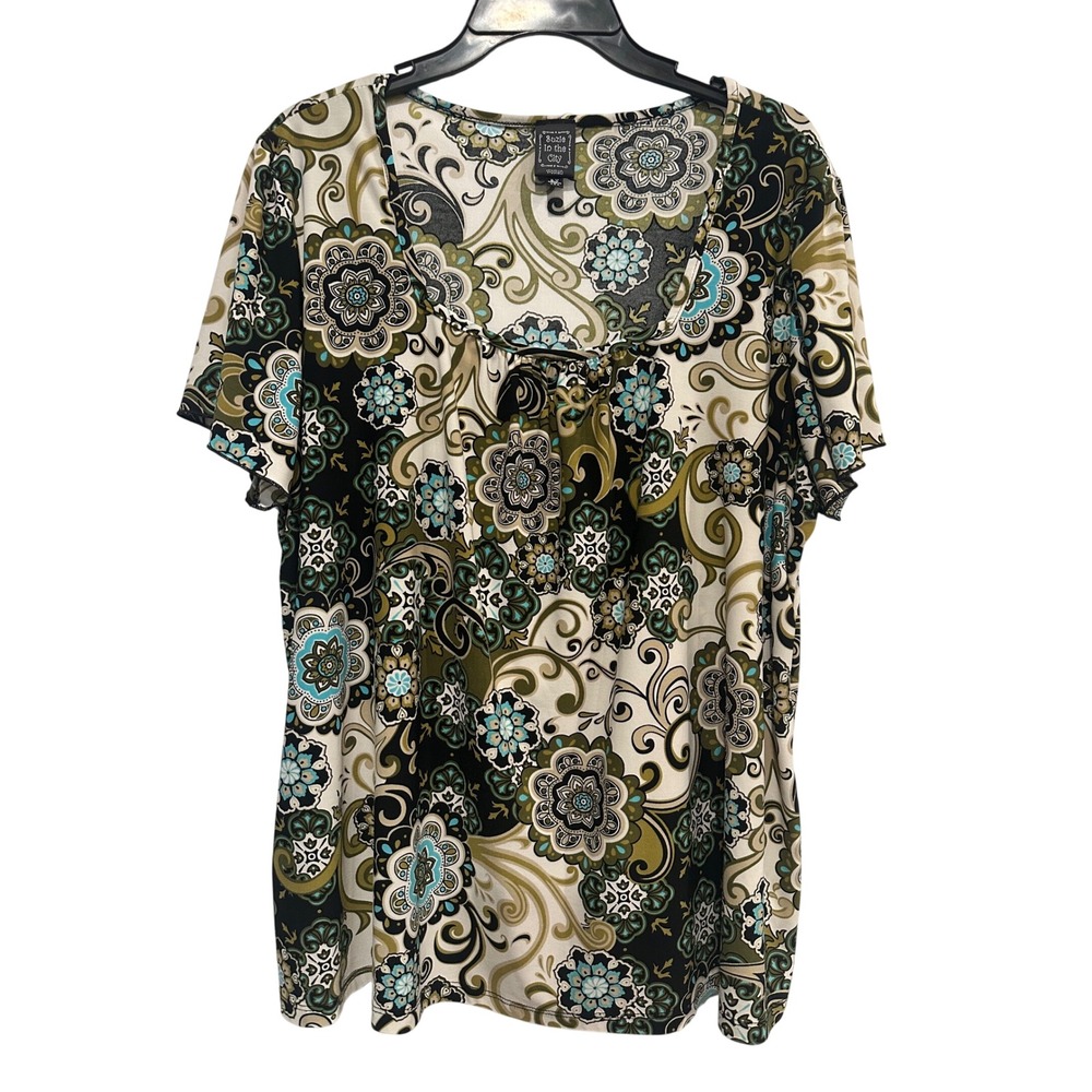 Suzie in the City Womens Plus 2X Paisley Floral Medallion Scoop Neck Top Green